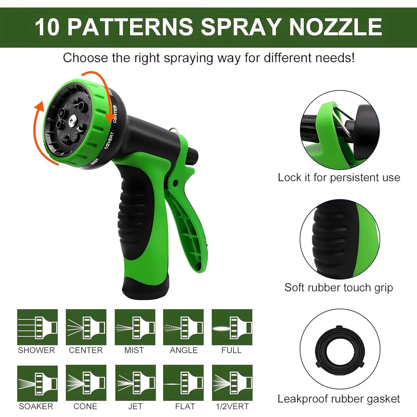 Non-Expandable Garden Hose with 10 Function Nozzles