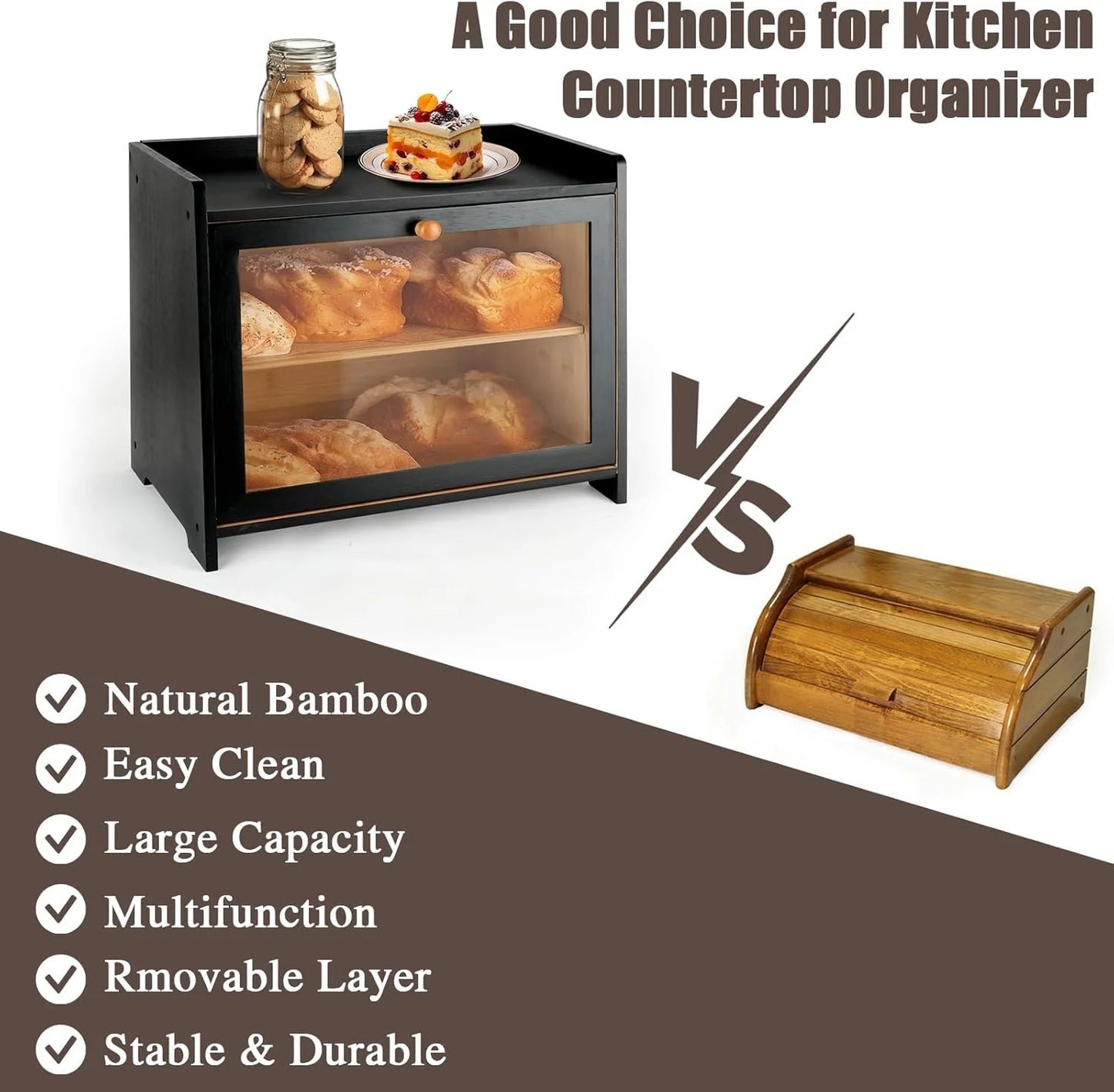 Large Capacity Bamboo Bread Box with Window