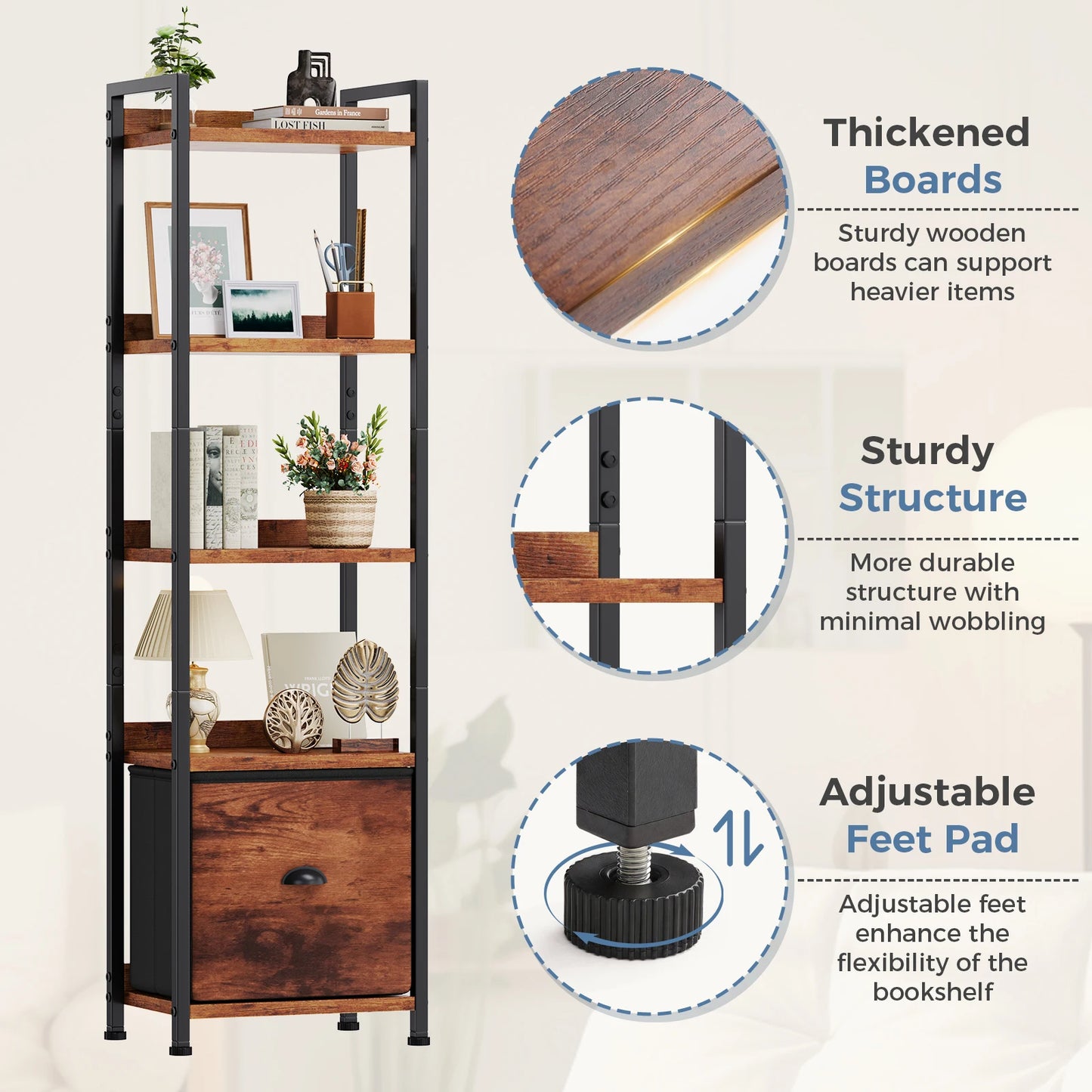 Wood 5 Tier Bookshelf