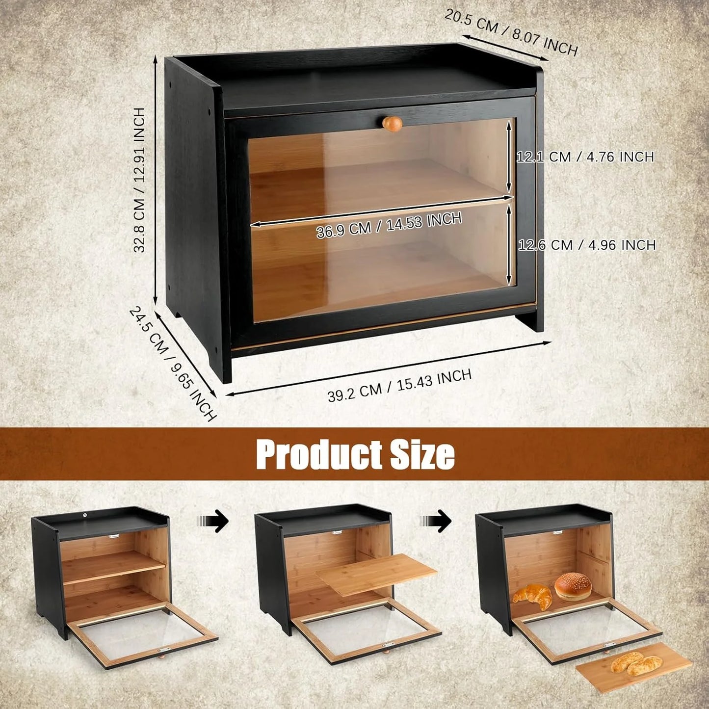 Large Capacity Bamboo Bread Box with Window