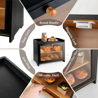 Large Capacity Bamboo Bread Box with Window